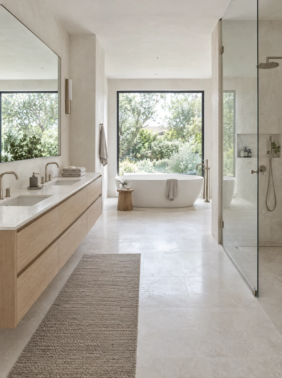 Illustrative bathroom with oak vanity, walk-in shower and a bath beside a garden window.