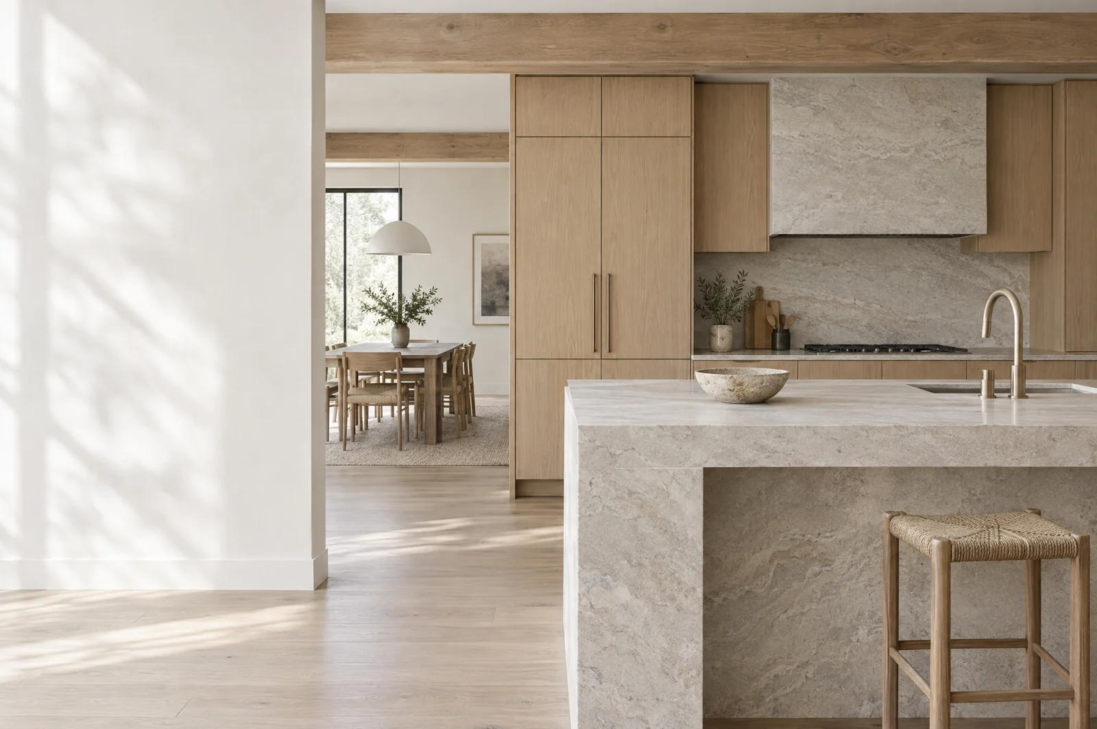 An illustrative stone island, oak cabinetry and softly lit plaster.