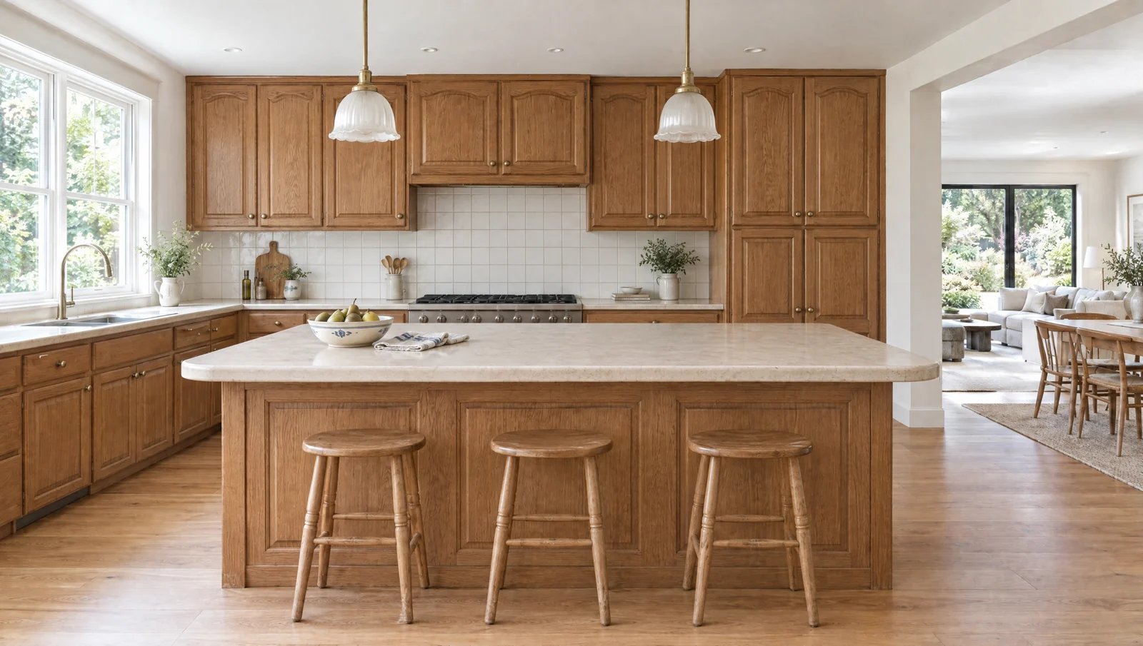 Illustrative earlier kitchen with raised-panel cabinets and laminate surfaces, shown from the same viewpoint.
