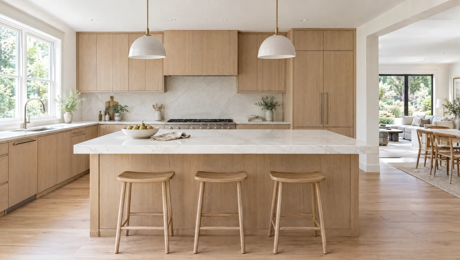Illustrative oak kitchen with a stone island, three stools and a doorway to the living room.