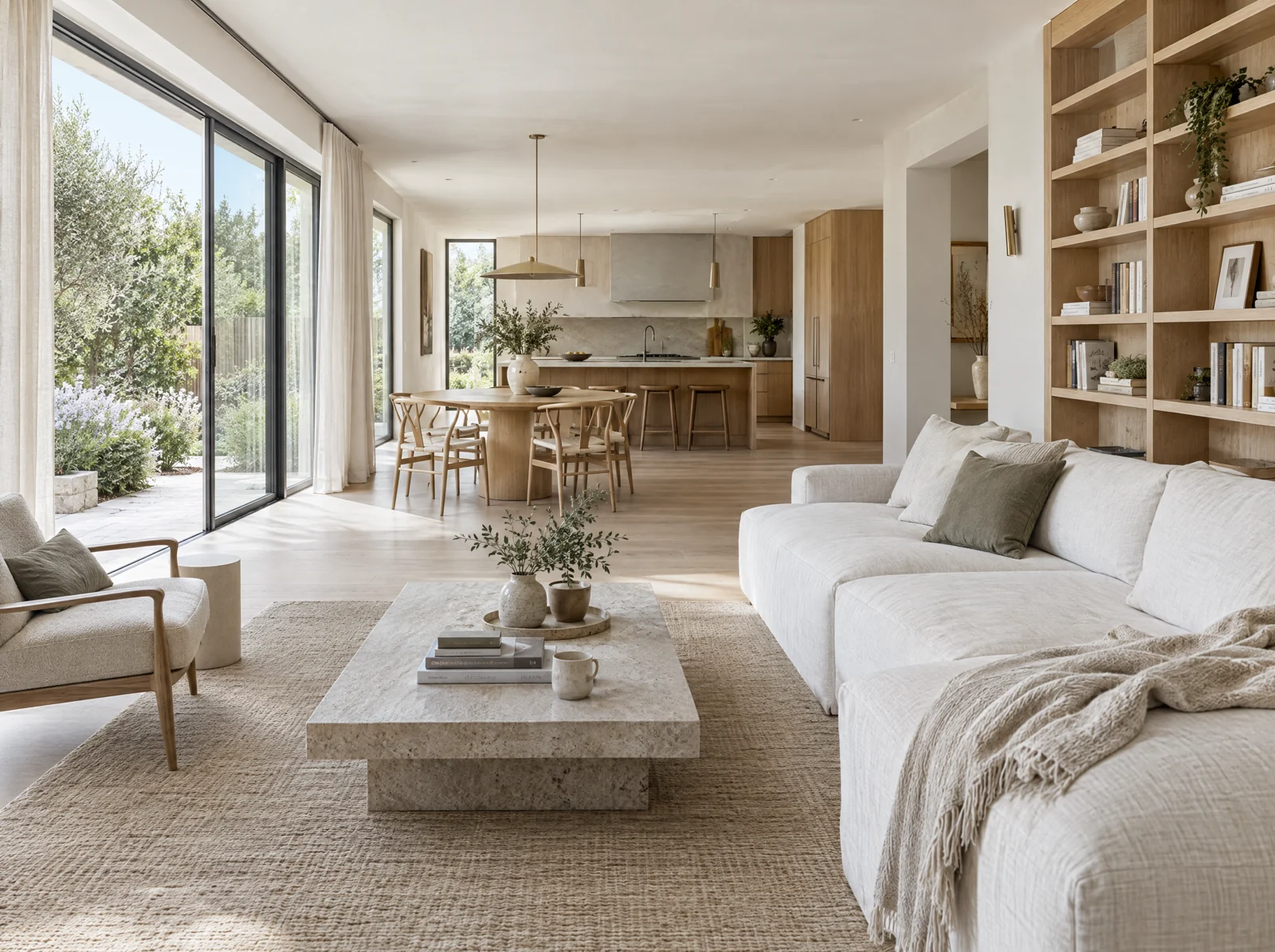 Illustrative connected living, dining and kitchen spaces opening to a planted garden.